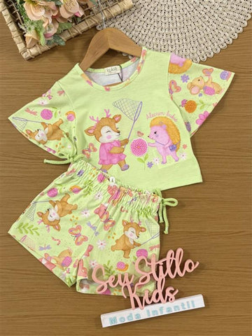 Conjunto Infantil Kukiê Verão com Shorts e Blusa Verde Animais