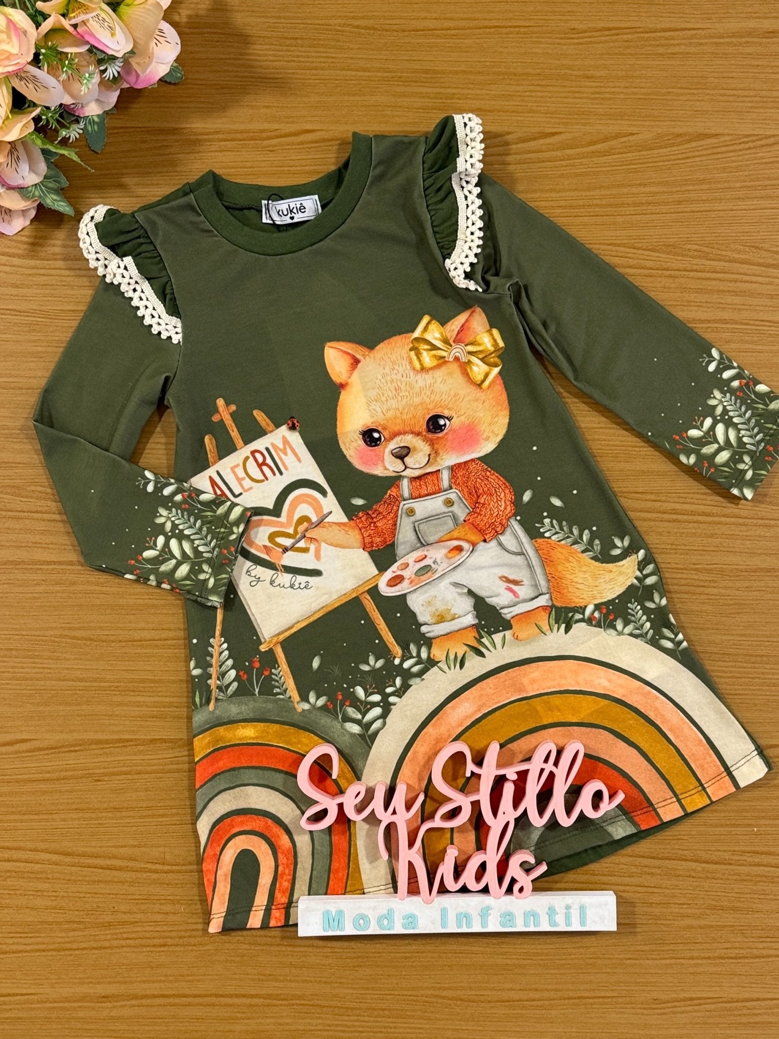 Vestido Infantil Kukie Inverno Verde Raposinha Pintora