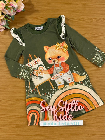 Vestido Infantil Kukie Inverno Verde Raposinha Pintora