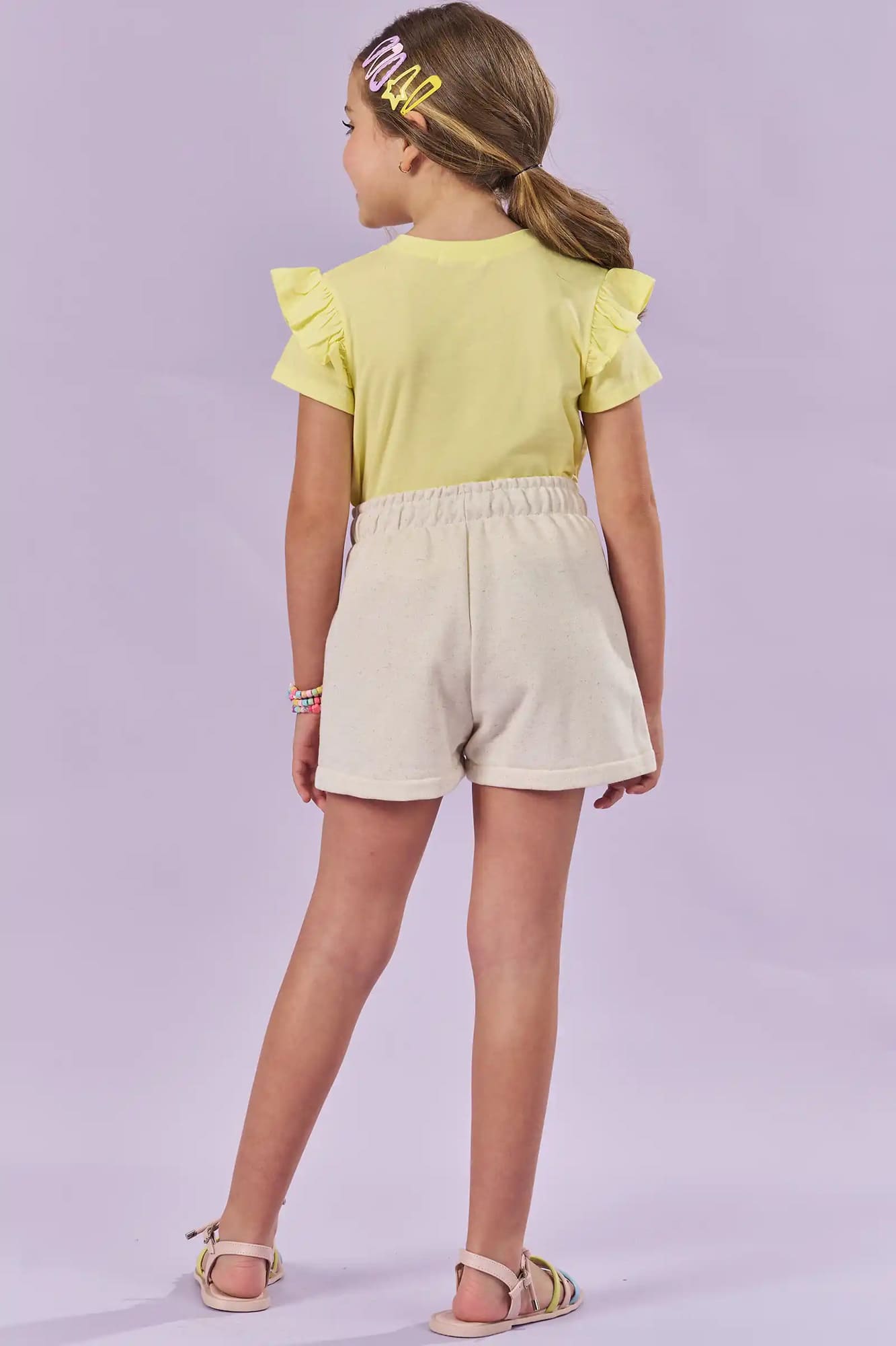 Conjunto Infantil Kukiê Verão com Shorts Off White e Blusa Amarela Florzinha