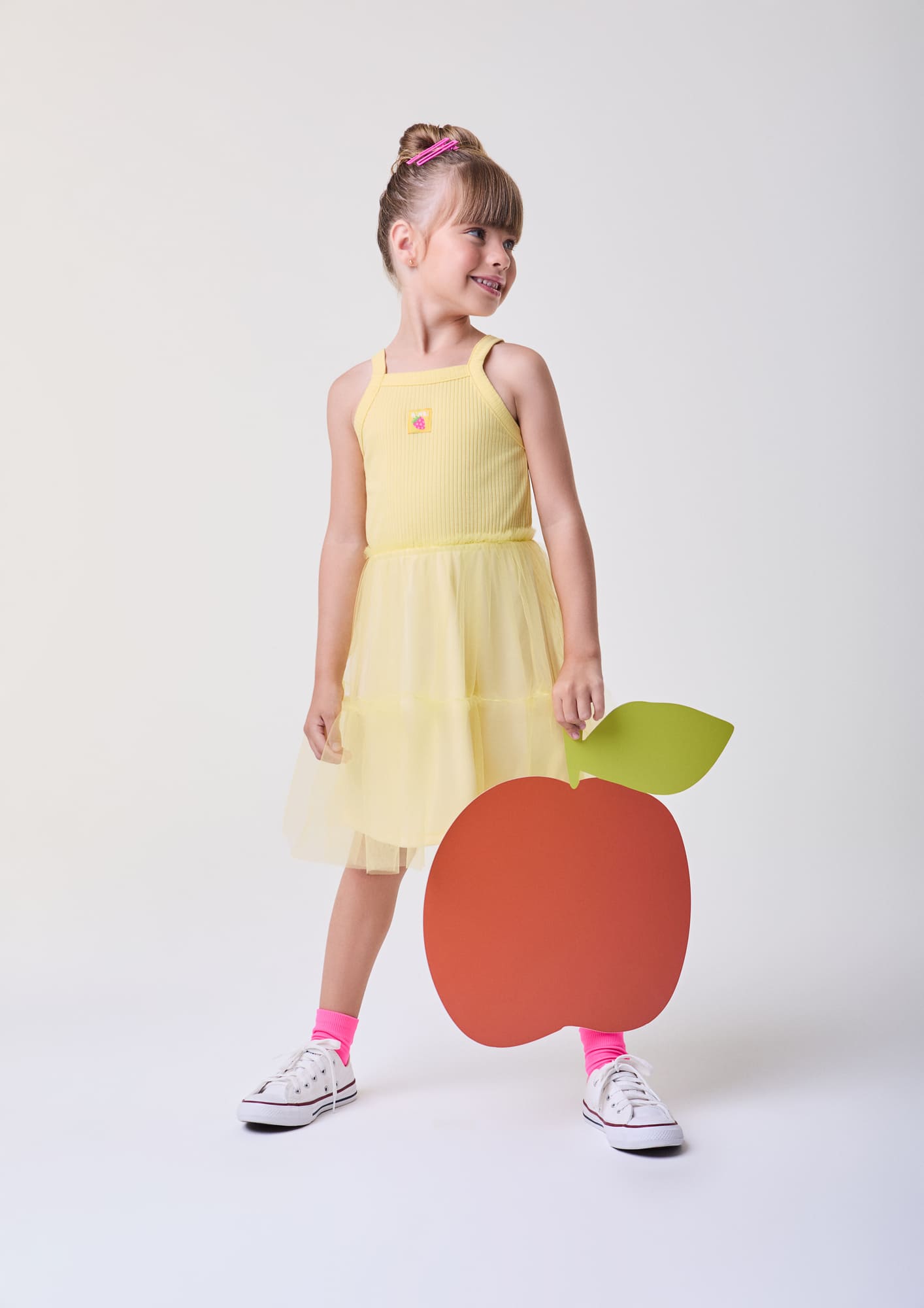 Vestido Infantil Bimbi Verão Amarelo com Sobreposição em Tule