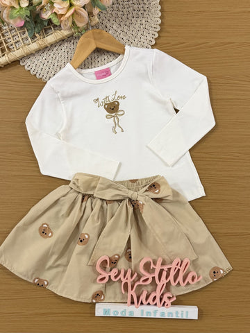 Conjunto Infantil Momi Inverno com Saia Bege e Blusa Branca Ursinho