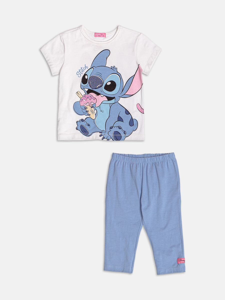 Conjunto Infantil Momi Verão com Shorts Ciclista Azul e Blusa Branca Angel e Stitch Disney