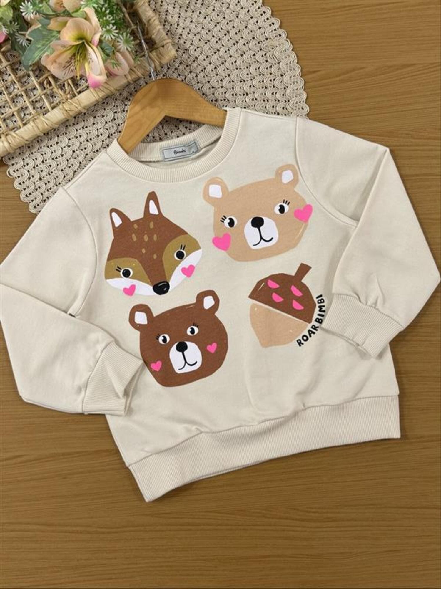 Conjunto Infantil Bimbi Inverno com Shorts Saia e Moletom sem Flanela Bege Bichinhos
