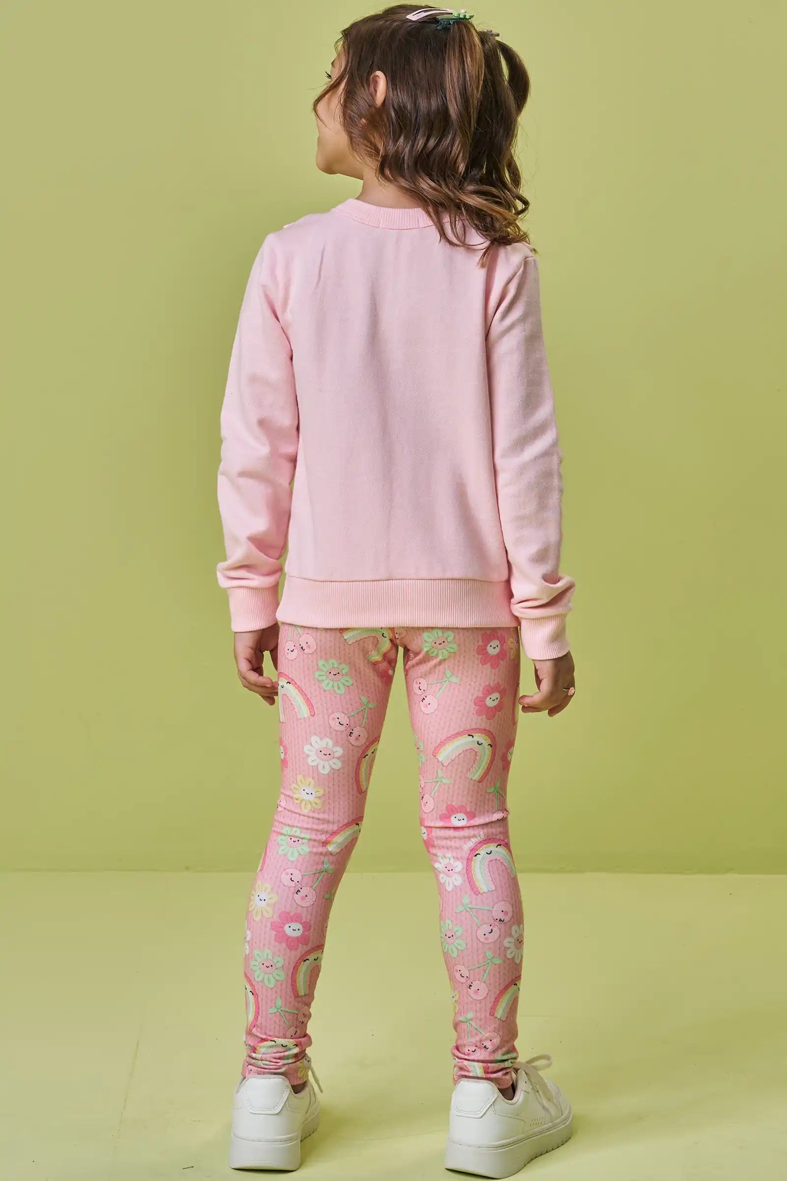 Conjunto Infantil Kukiê Inverno com Calça Legging e Moletom sem Flanela Rosa Florzinhas Coloridas