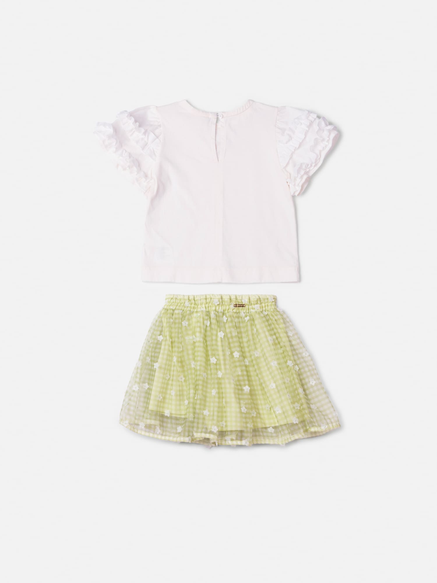 Conjunto Infantil Animê Verão com Saia Verde Xadrez em Tule e Blusa Branca