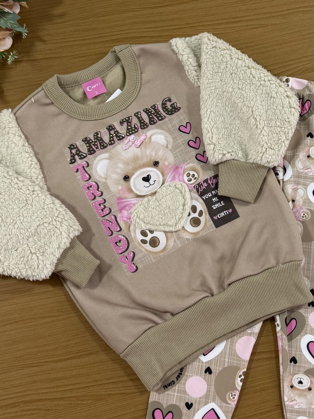 Conjunto Infantil Cinti Inverno Calça e Moletom Flanelado Ursinhos