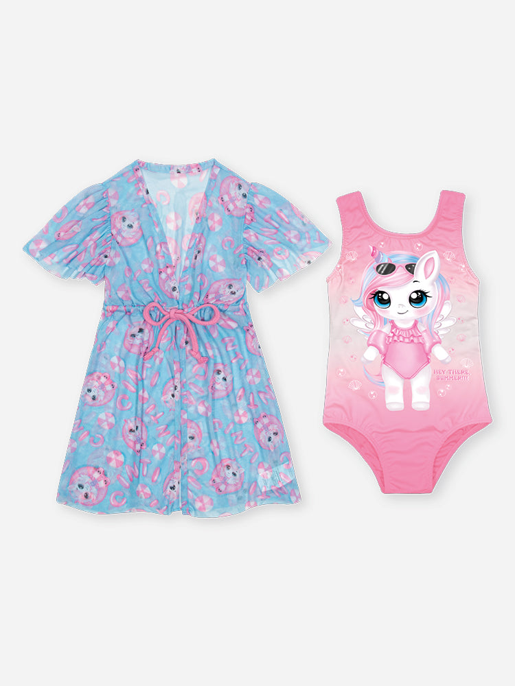 Maiô Infantil Cinti Verão Rosa Unicórnio com Saida de Praia Azul
