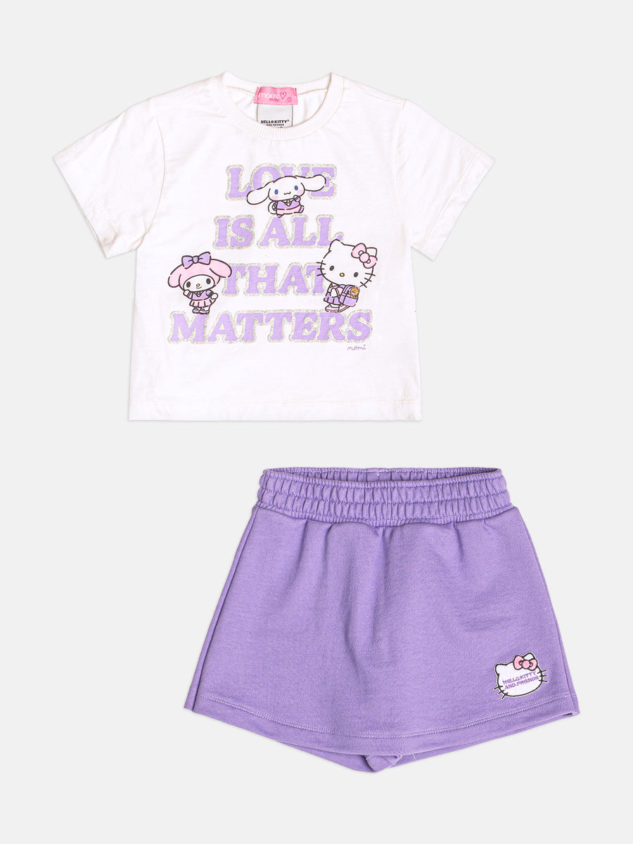 Conjunto Infantil Momi Inverno com Shorts Saia Lilás e Blusa Manga Curta Hello Kitty Love