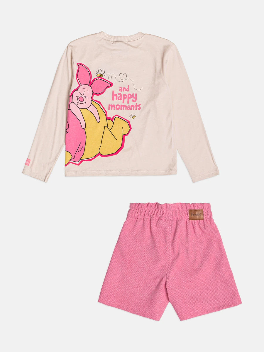 Conjunto Infantil Bimbi Inverno com Shorts Rosa e Blusa Manga Longa Pooh Friendship