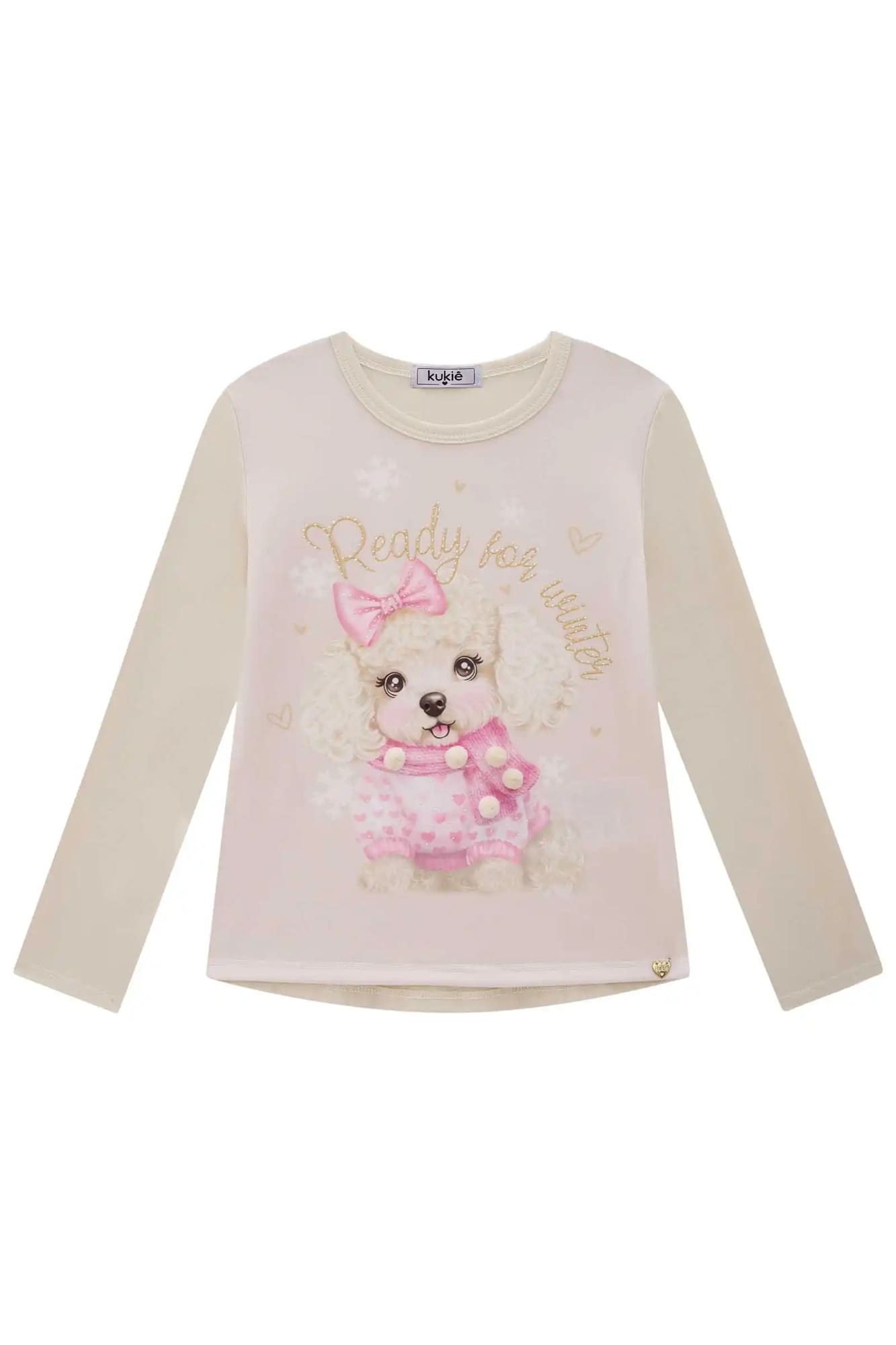 Blusa Infantil Kukiê Inverno Bege Cachorrinha com Strass