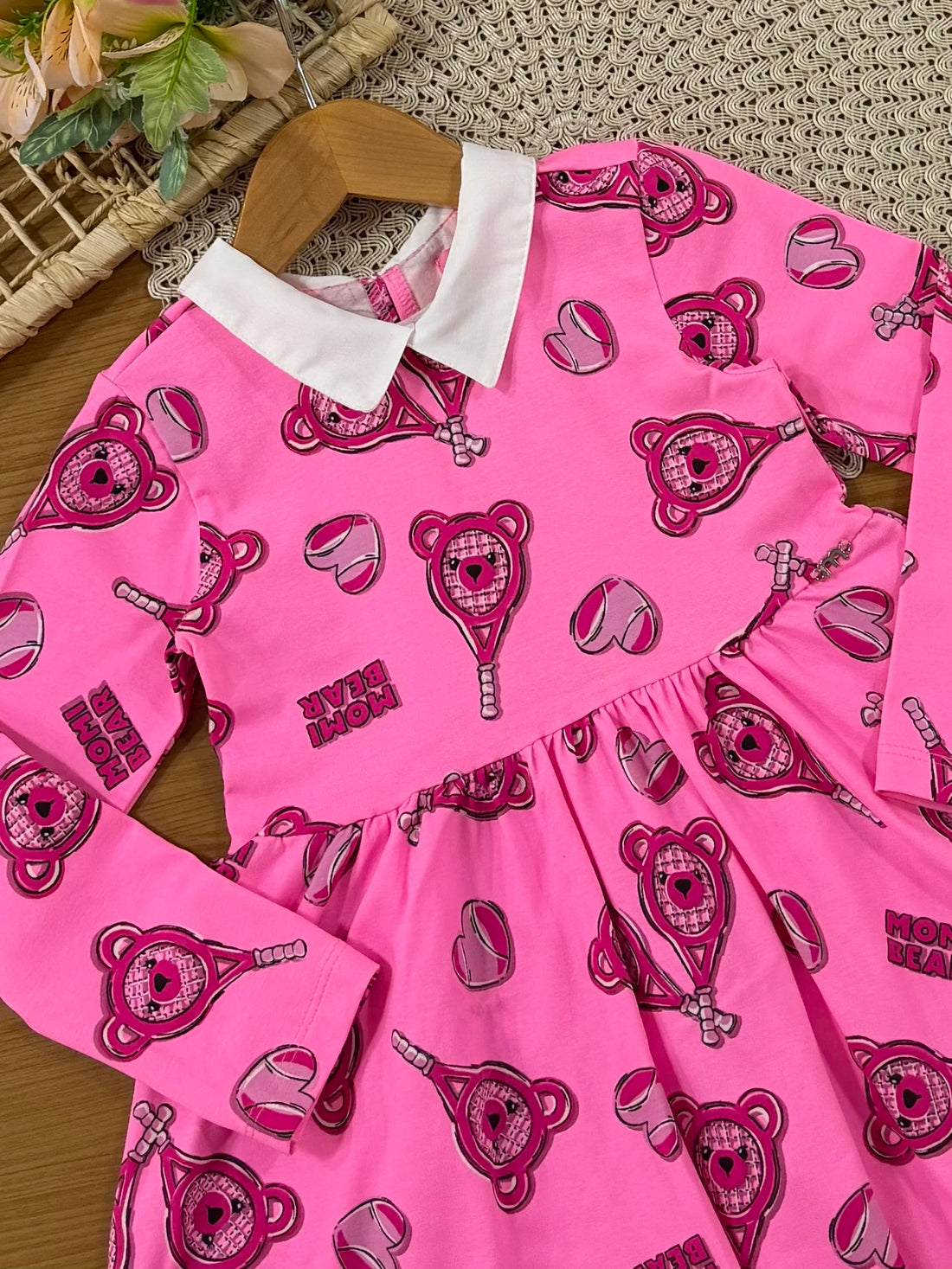 Vestido Infantil Momi Inverno Rosa Ursinhos Raquetes
