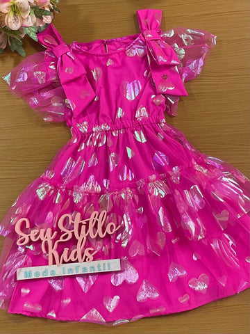 Vestido Infantil Animê Verão Tule Corações Pink