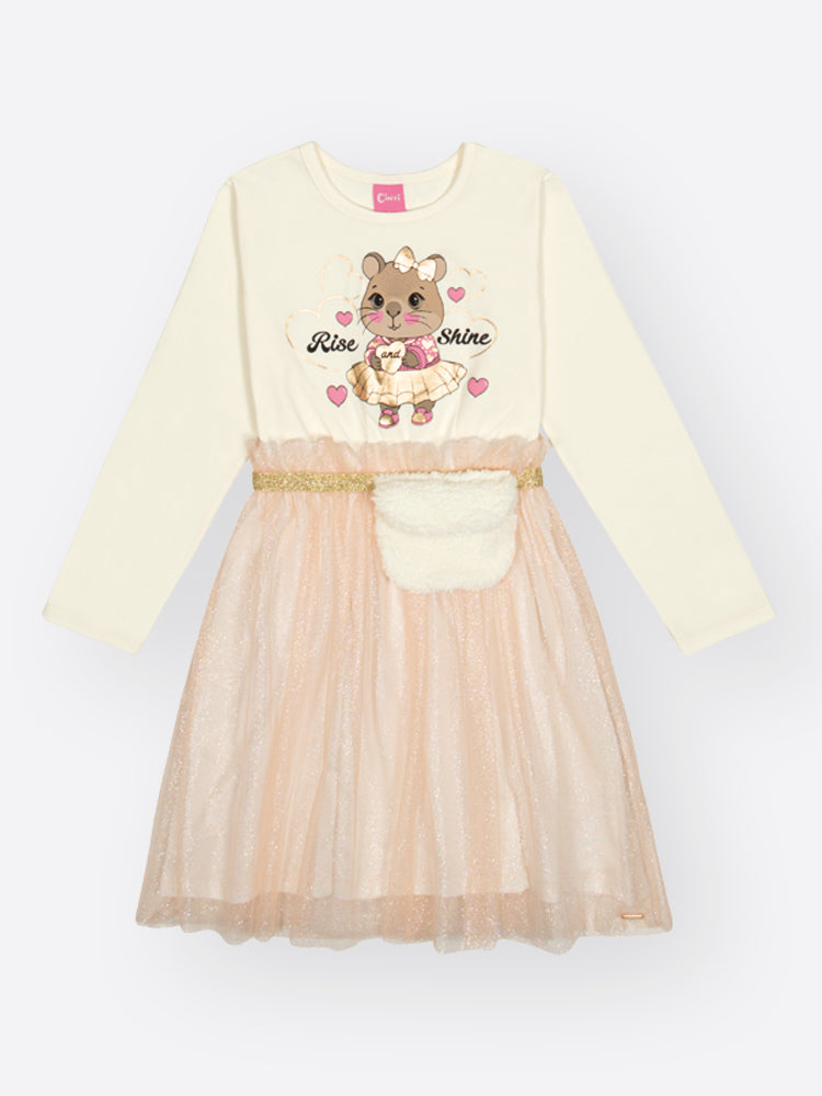 Vestido Infantil Cinti Inverno com Tule e Bolsinha Branco Capivara