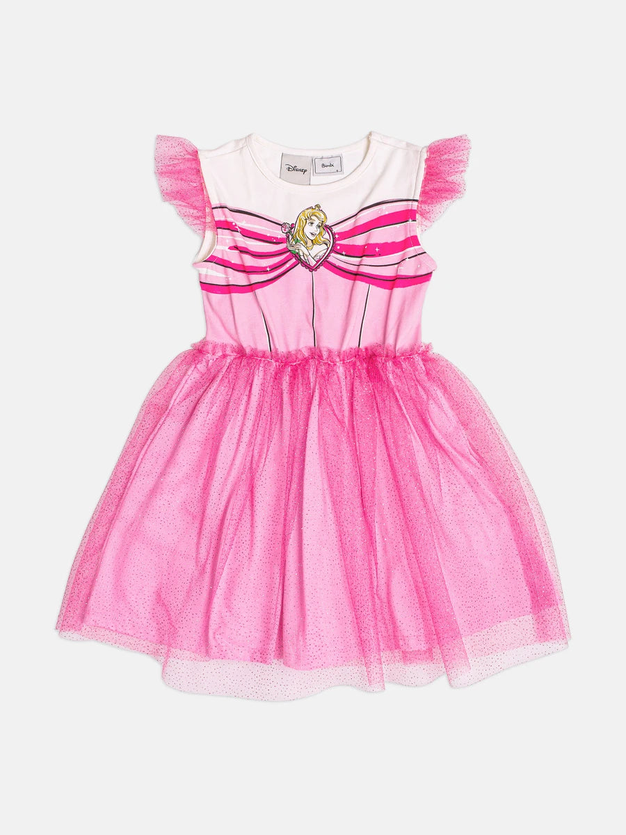 Vestido Infantil Bimbi Inverno com Tule e Brilho Rosa Aurora Disney