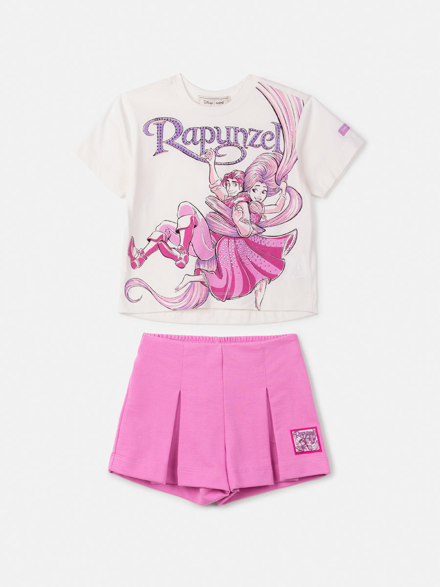 Conjunto infantil Animê com Shorts Rosa e Blusa Manga Curta Rapunzel Disney