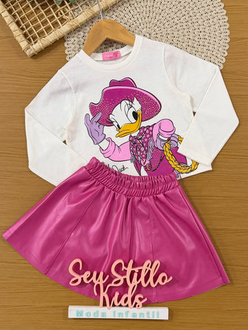 Conjunto Infantil Momi Inverno com Saia Rosa e Blusa Manga Longa Daisy Boiadeira Disney