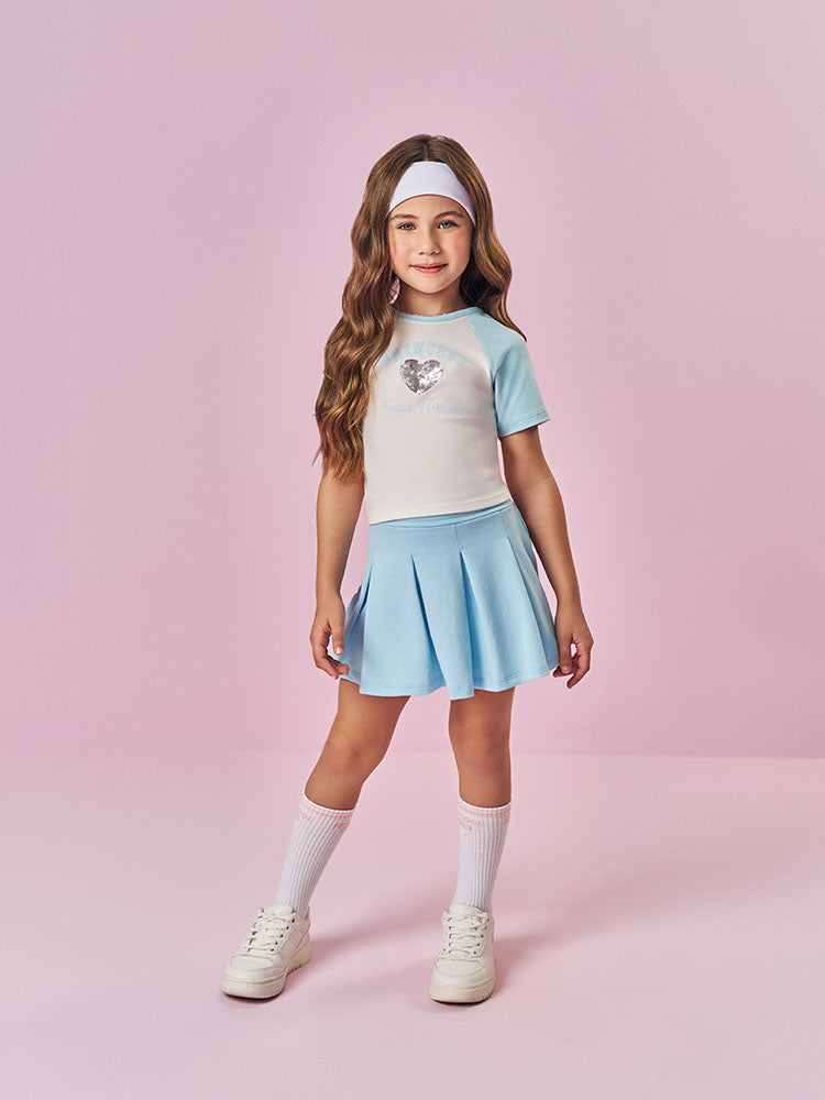 Conjunto Infantil Cinti Verão com Shorts Saia Azul e Blusa Branca Princess