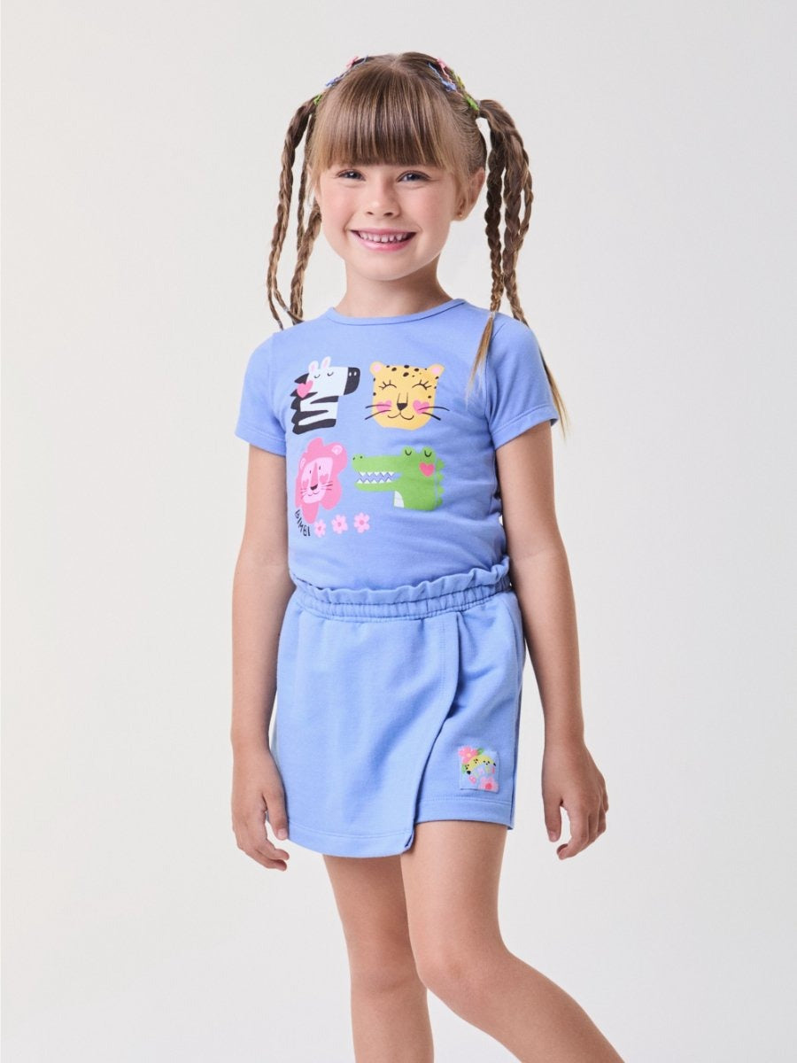 Conjunto Infantil Bimbi Verão com Shorts Saia e Blusa Azul Animais