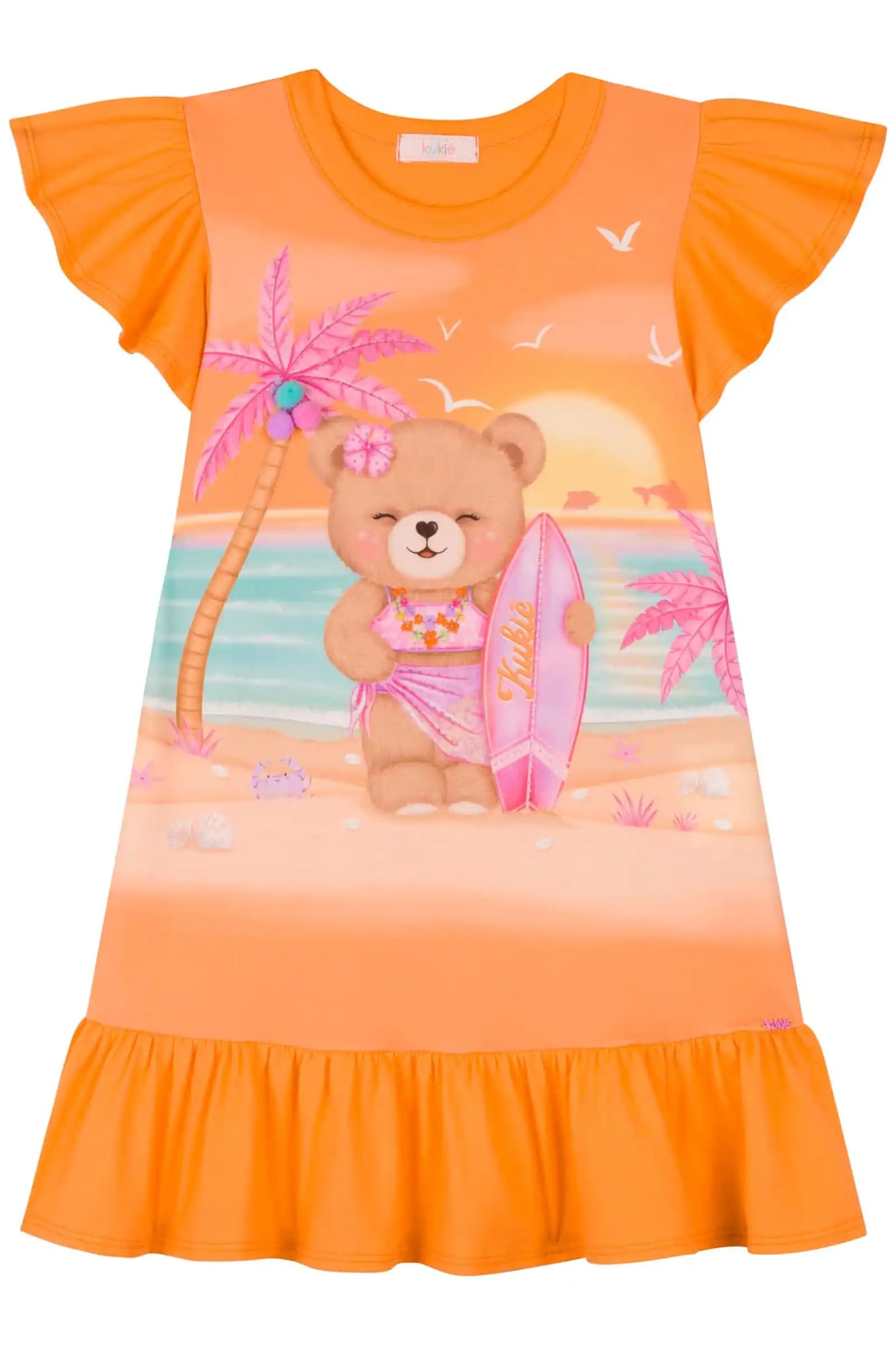 Vestido Infantil Kukiê Verão Laranja Ursinha na Praia