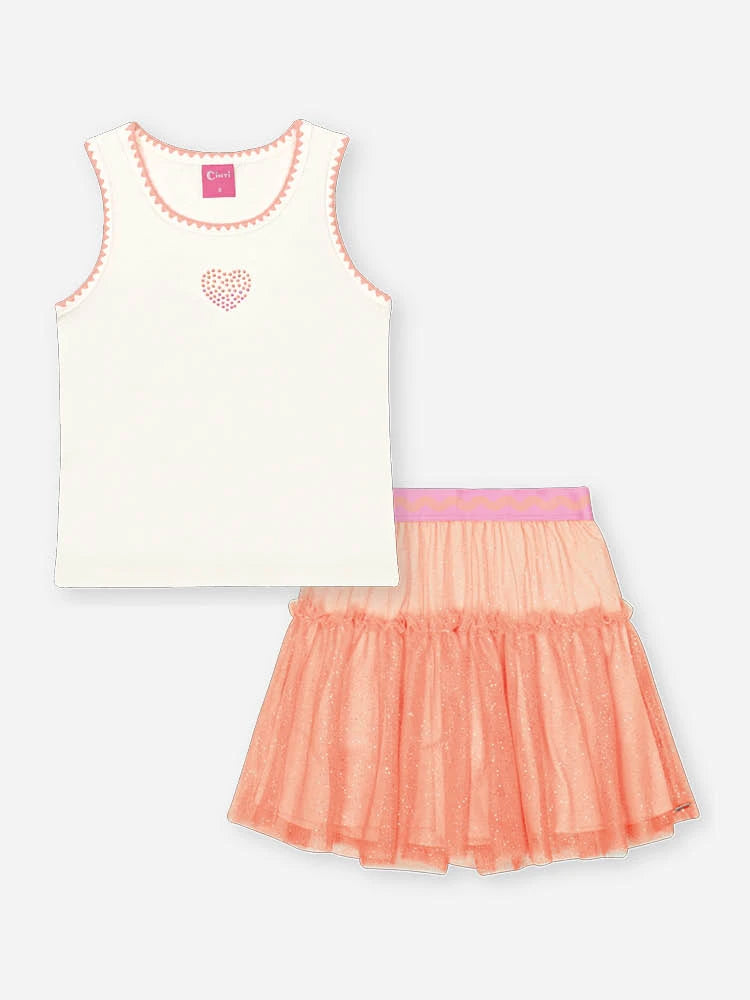 Conjunto Infantil Cinti Verão com Saia Laranja em Tule e Regata Coração