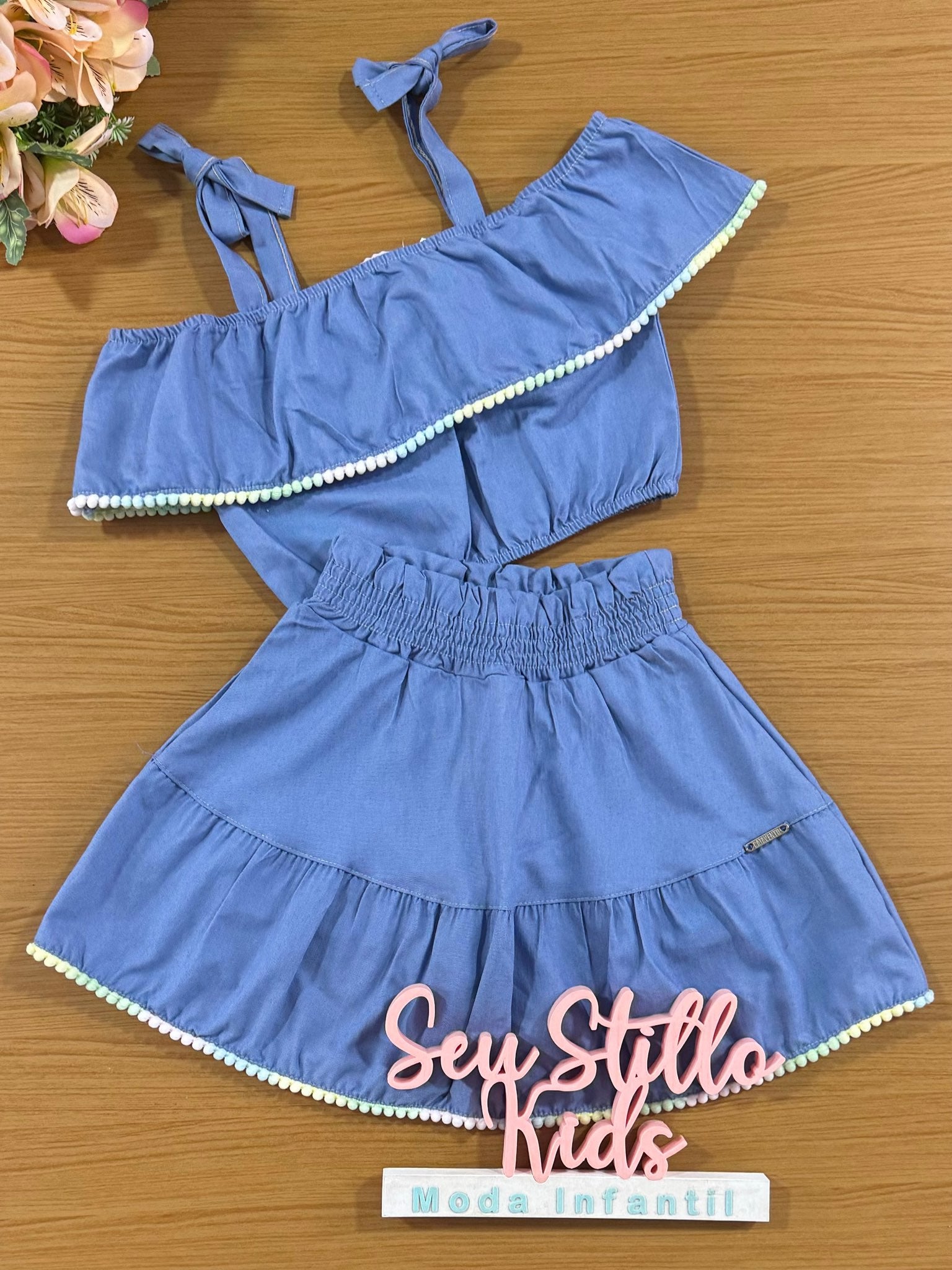 Conjunto Infantil Catavento Verão Saia e Blusa Azul Jeans