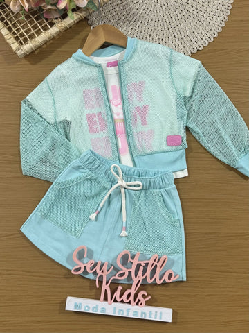 Conjunto Infantil Cinti Verão com Short-Saia, Blusa e Sobreposição em Tela Azul Enjoy