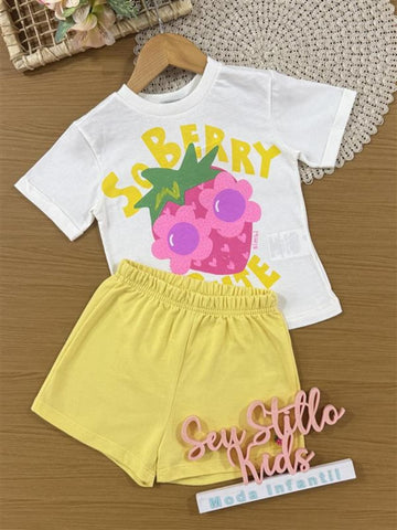 Conjunto Infantil Bimbi Verão com Shorts Amarelo e Blusa Branca Morango