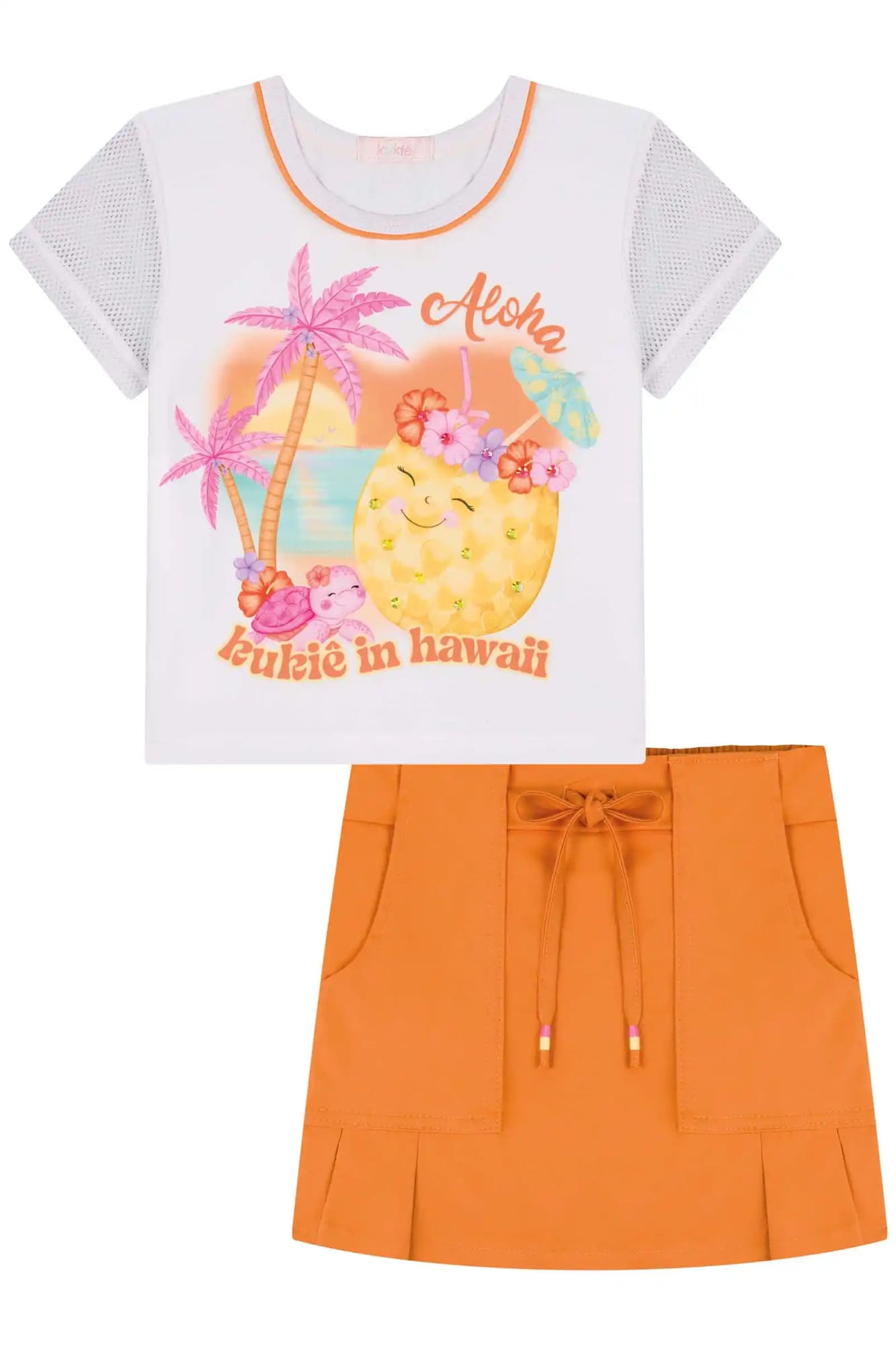 Conjunto Infantil Kukiê Verão com Shorts Saia Laranja e Blusa Branca Tropical