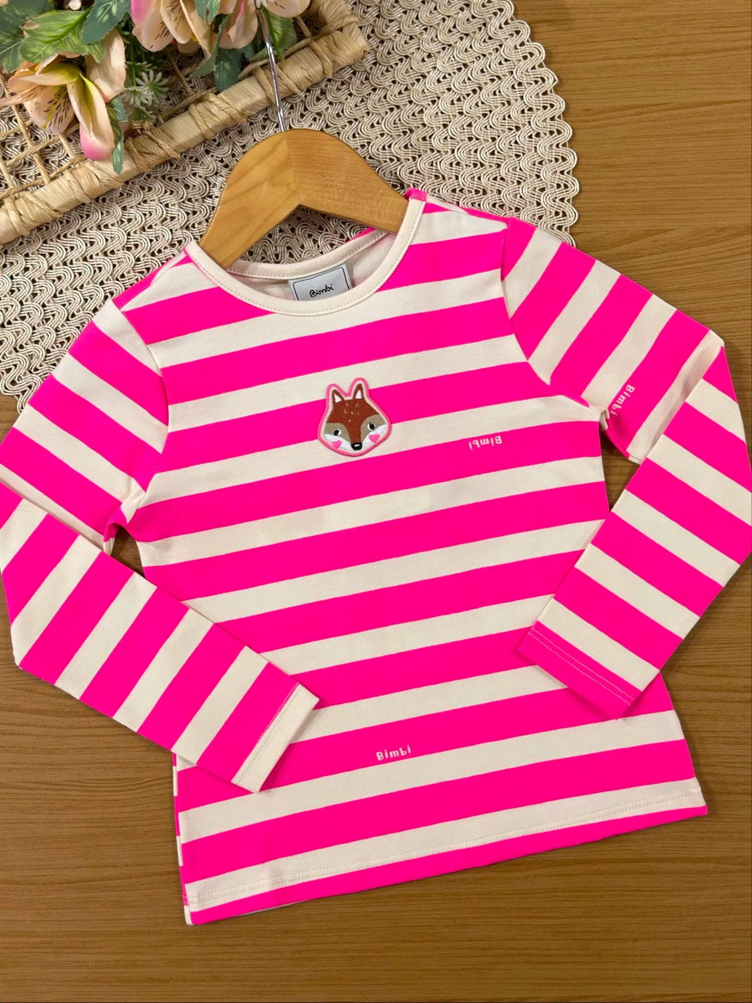 Conjunto Infantil Bimbi Inverno com Shorts Saia e Blusa Manga Longa Rosa Listrada Raposinha