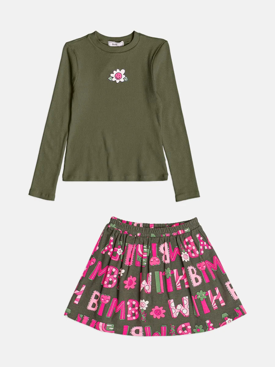 Conjunto Infantil Bimbi Inverno com Saia e Blusa Manga Longa Verde Flores