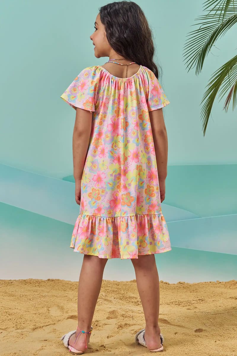 Vestido Infantil Kukiê Verão Rosa Flores Coloridas