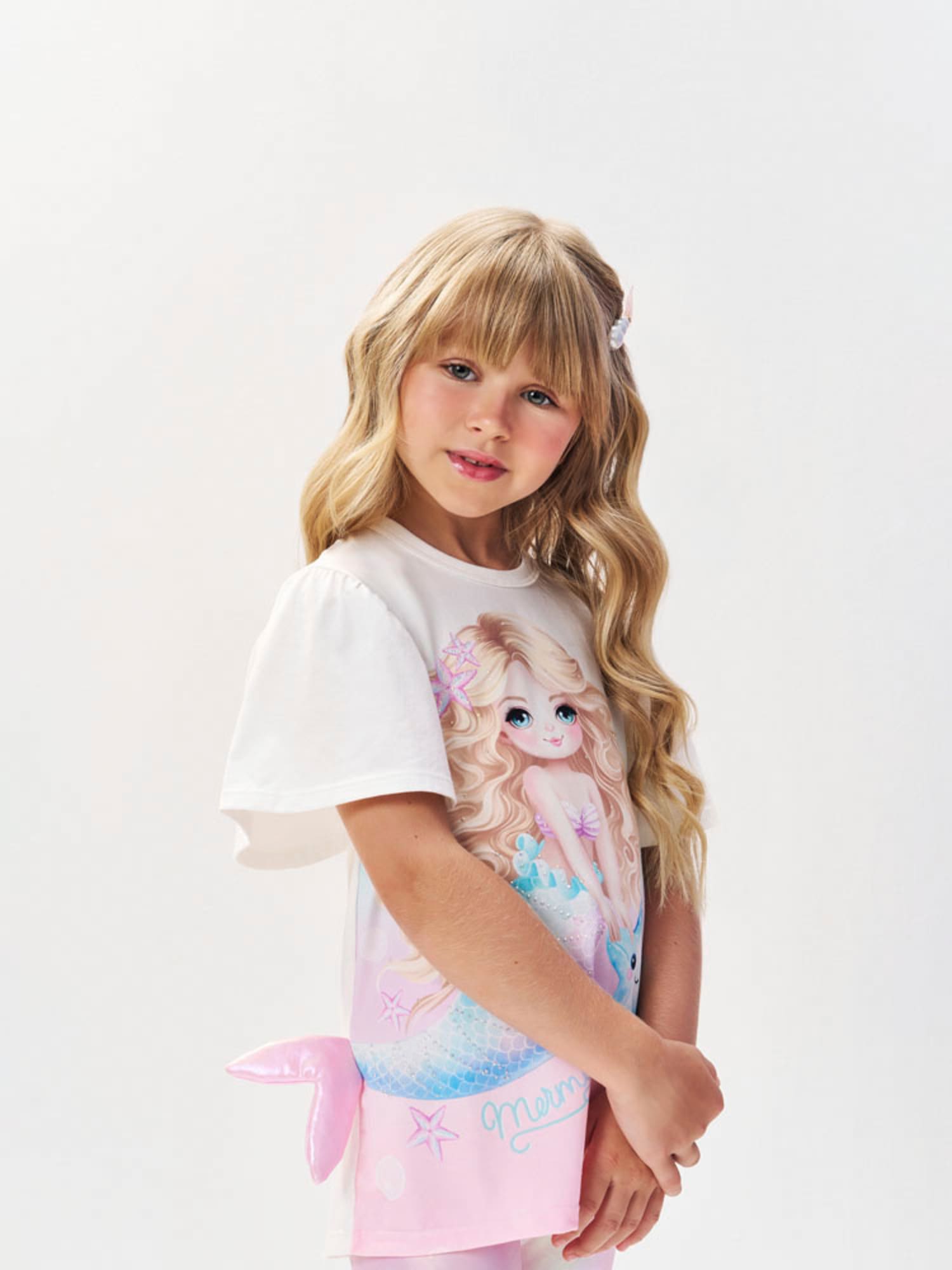 Conjunto Infantil Cinti Verão com Calça Rosa Holográfica e Blusa Branca Sereia