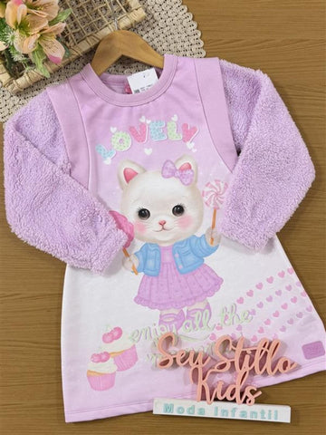 Vestido Infantil Cinti Inverno Flanelado Lilás Gatinha Lovely