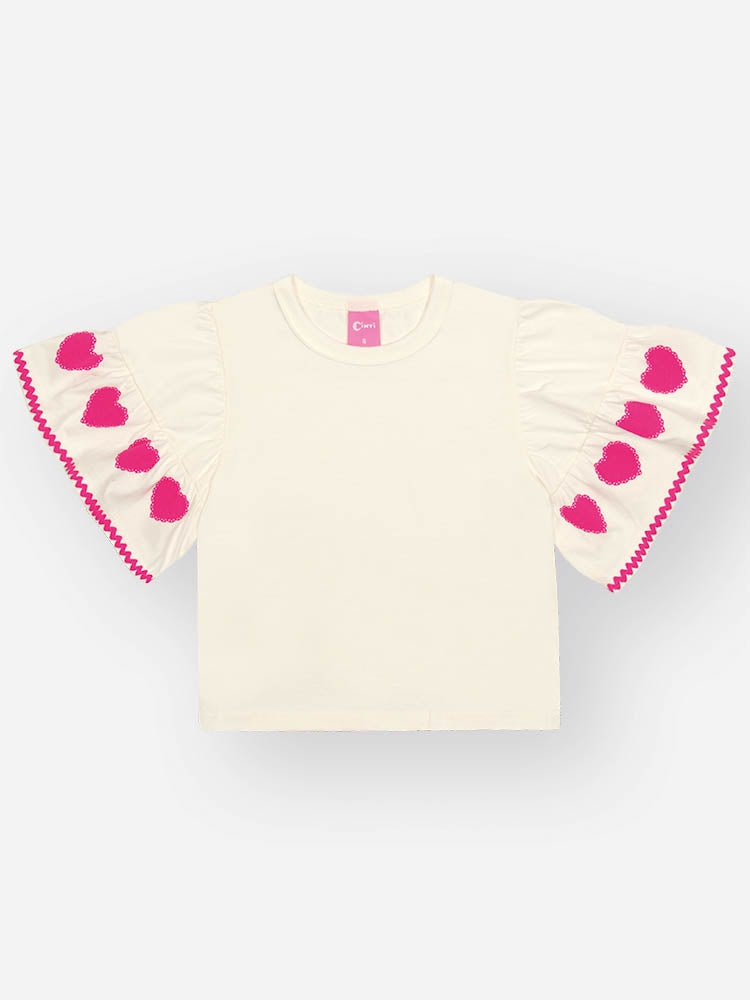 Conjunto Infantil Cinti Verão com Shorts Saia Rosa e Blusa Branca Corações