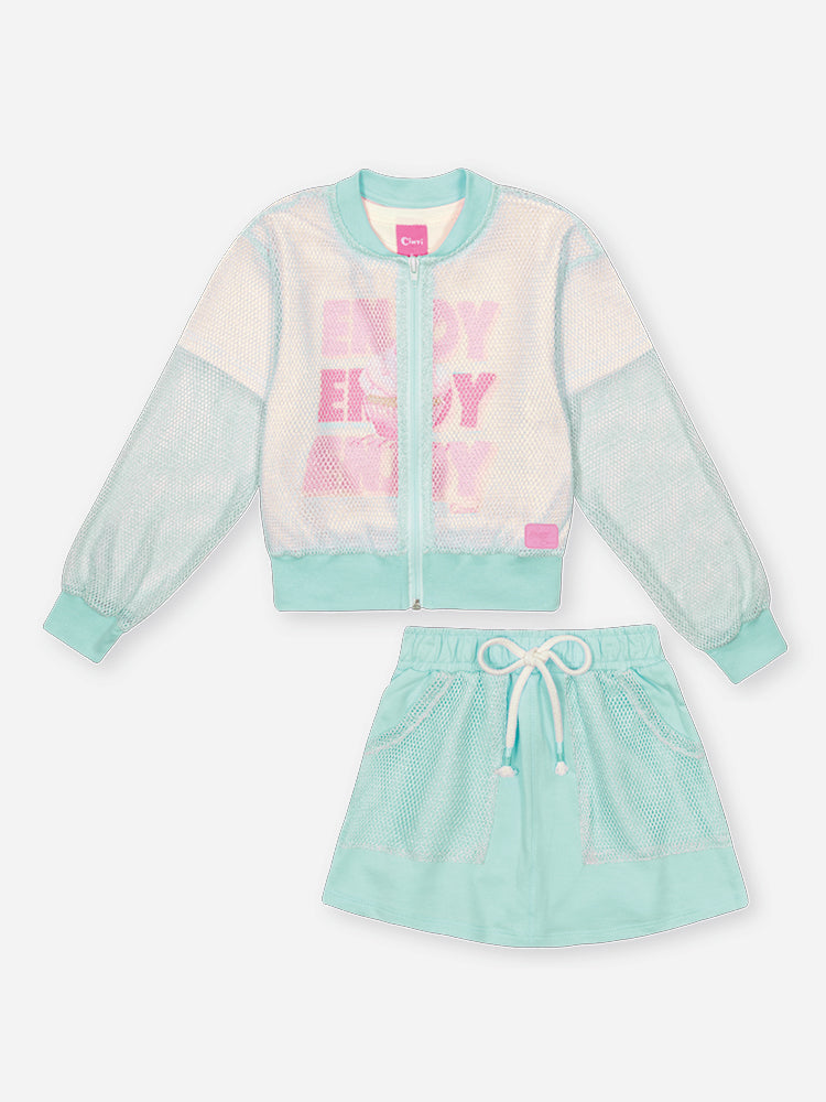 Conjunto Infantil Cinti Verão com Short-Saia, Blusa e Sobreposição em Tela Azul Enjoy