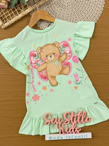 Vestido Infantil Kukiê Verão Verde Ursinha Borboleta