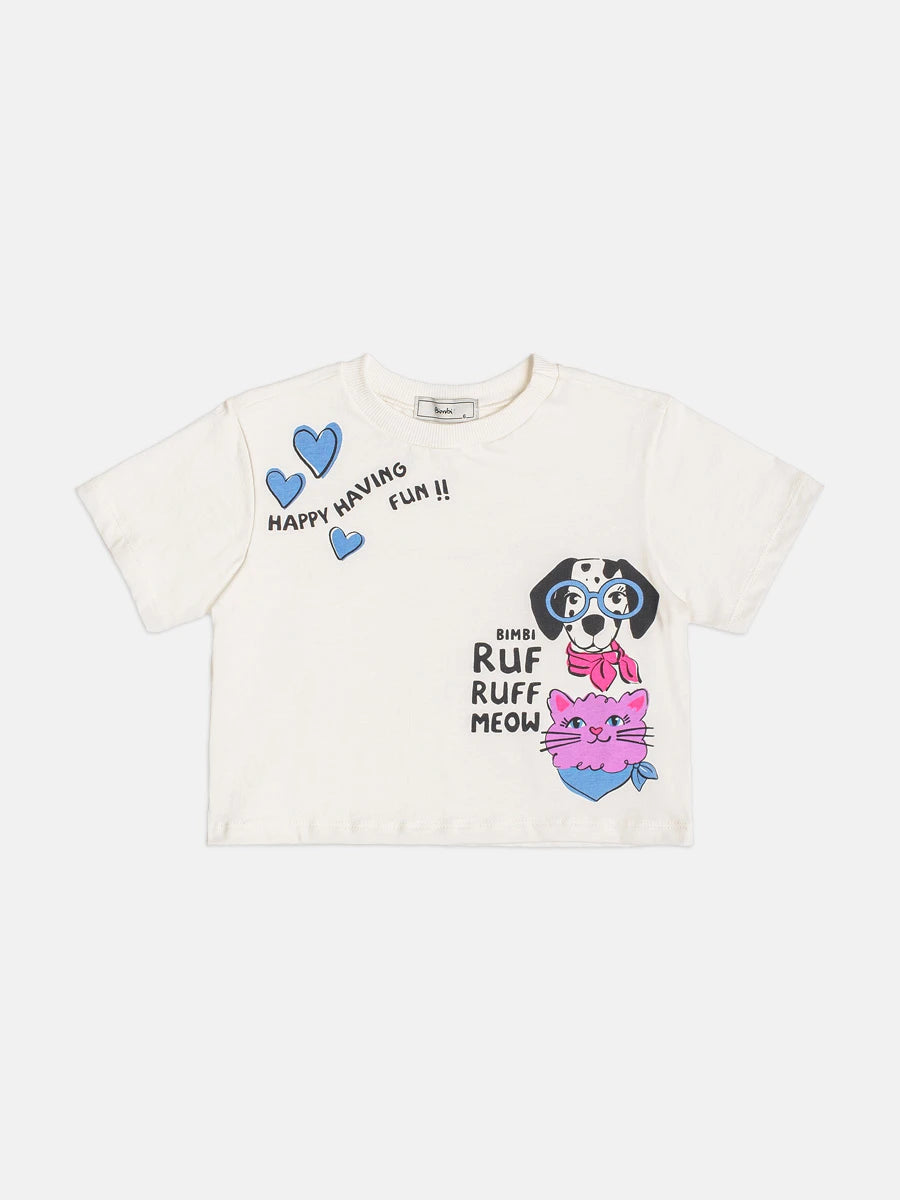Conjunto Infantil Menina Bimbi com Saia Azul e Blusa Cachorrinha e Gatinha