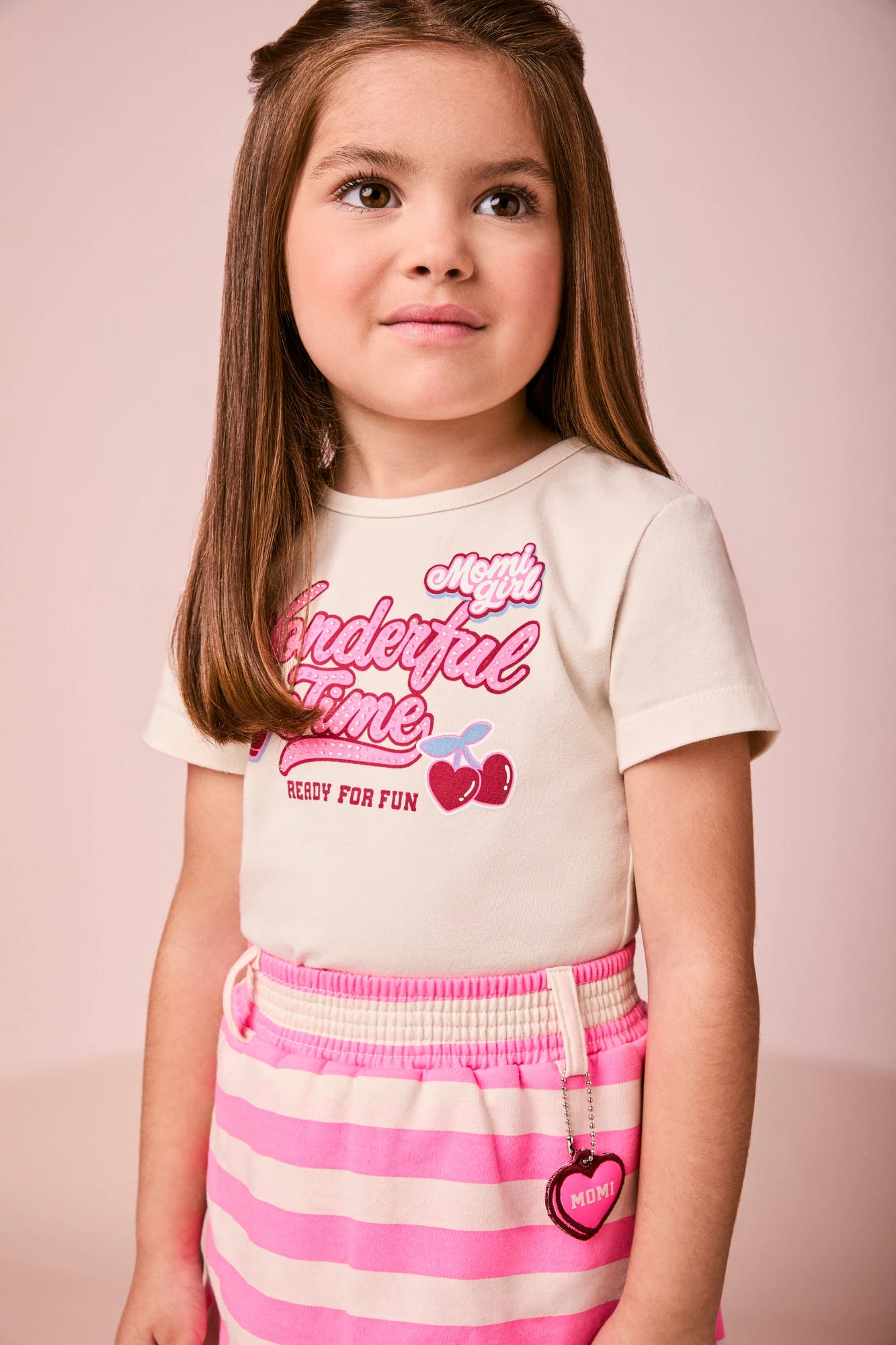 Conjunto Infantil Momi Inverno com Shorts Saia Listrado e Blusa Manga Longa Cerejinha Love