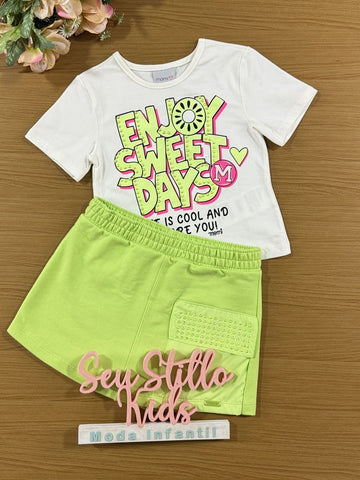 Conjunto Infantil Momi Verão Shorts Saia Verde e Blusa Enjoy