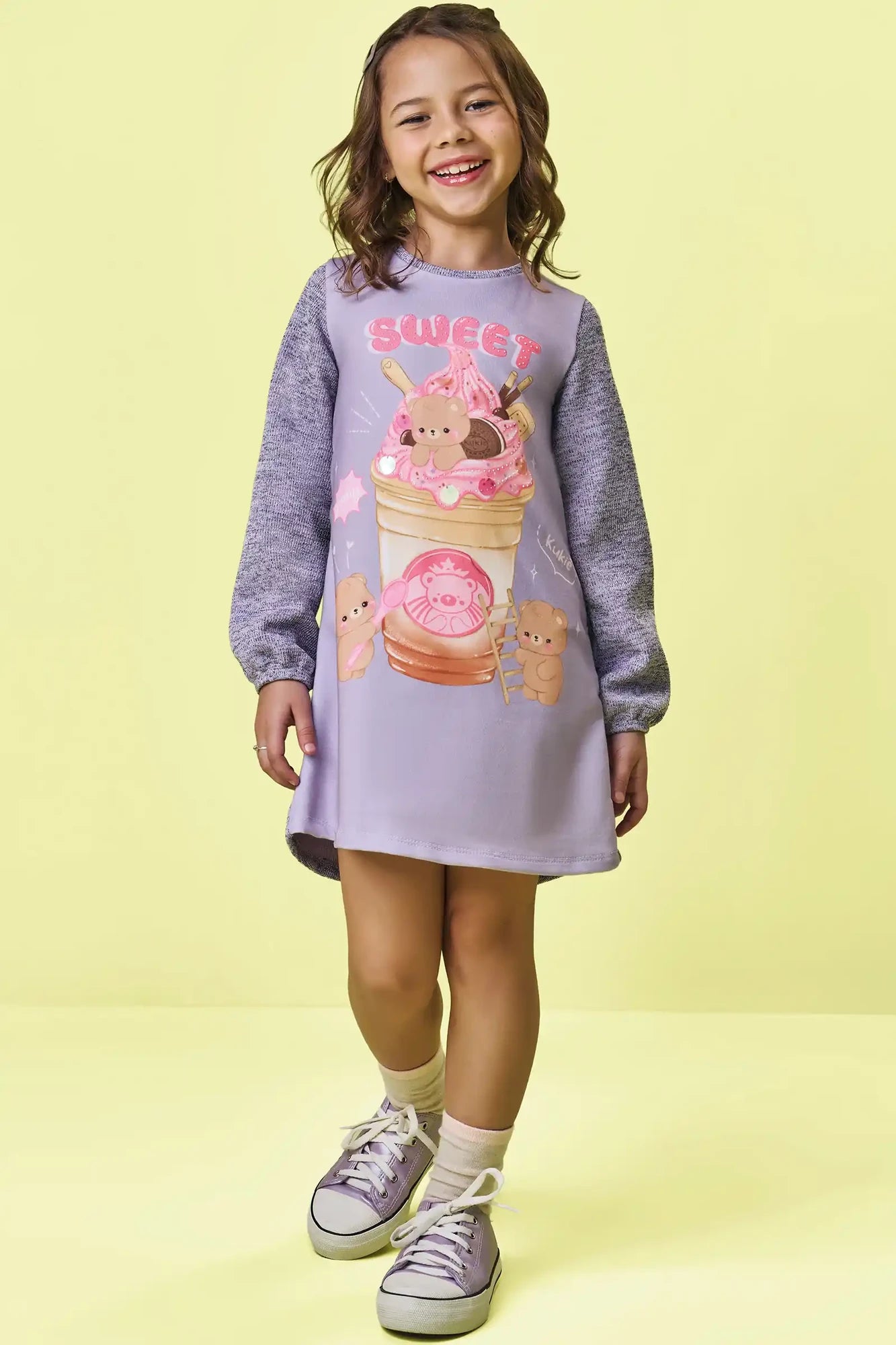 Vestido Infantil Kukiê Inverno Lilás Ursinha Sweet
