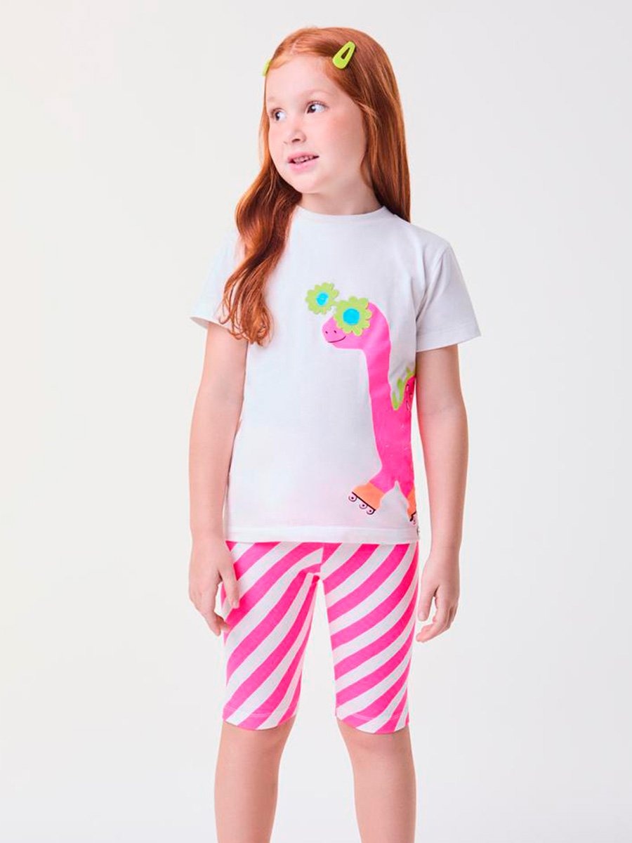 Conjunto Infantil Bimbi Verão com Shorts Ciclista Rosa Listrado e Blusa Branca Dino