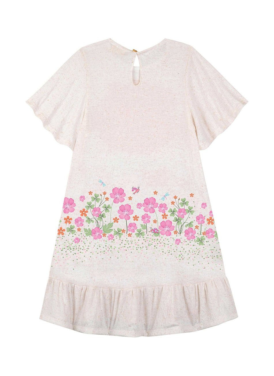 Vestido Infantil Kukiê Verão Off White com Pom Pom Gatinha Jardineira