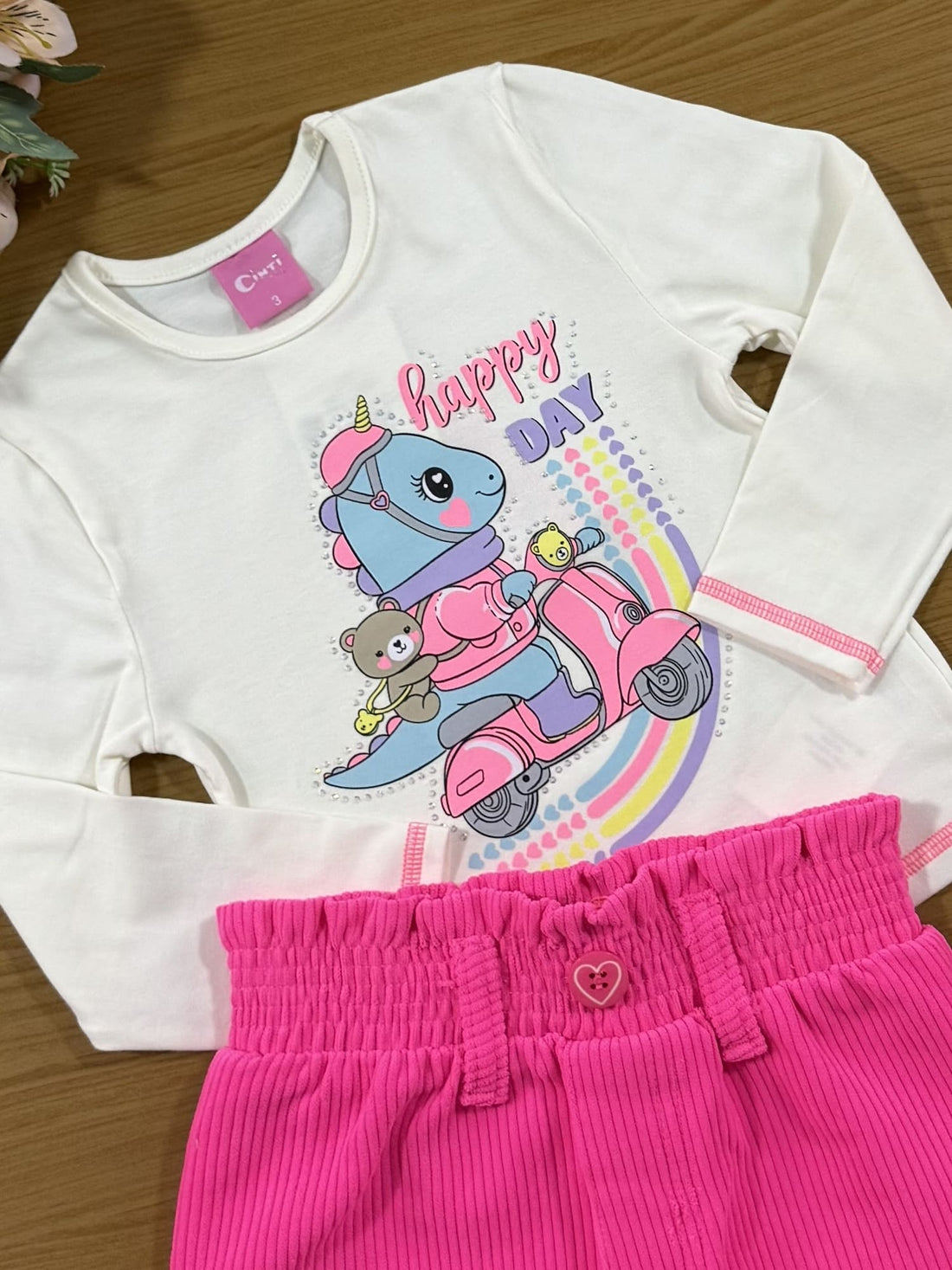 Conjunto Infantil Cinti Inverno Saia e Blusa Manga Longa Off White Unicórnio