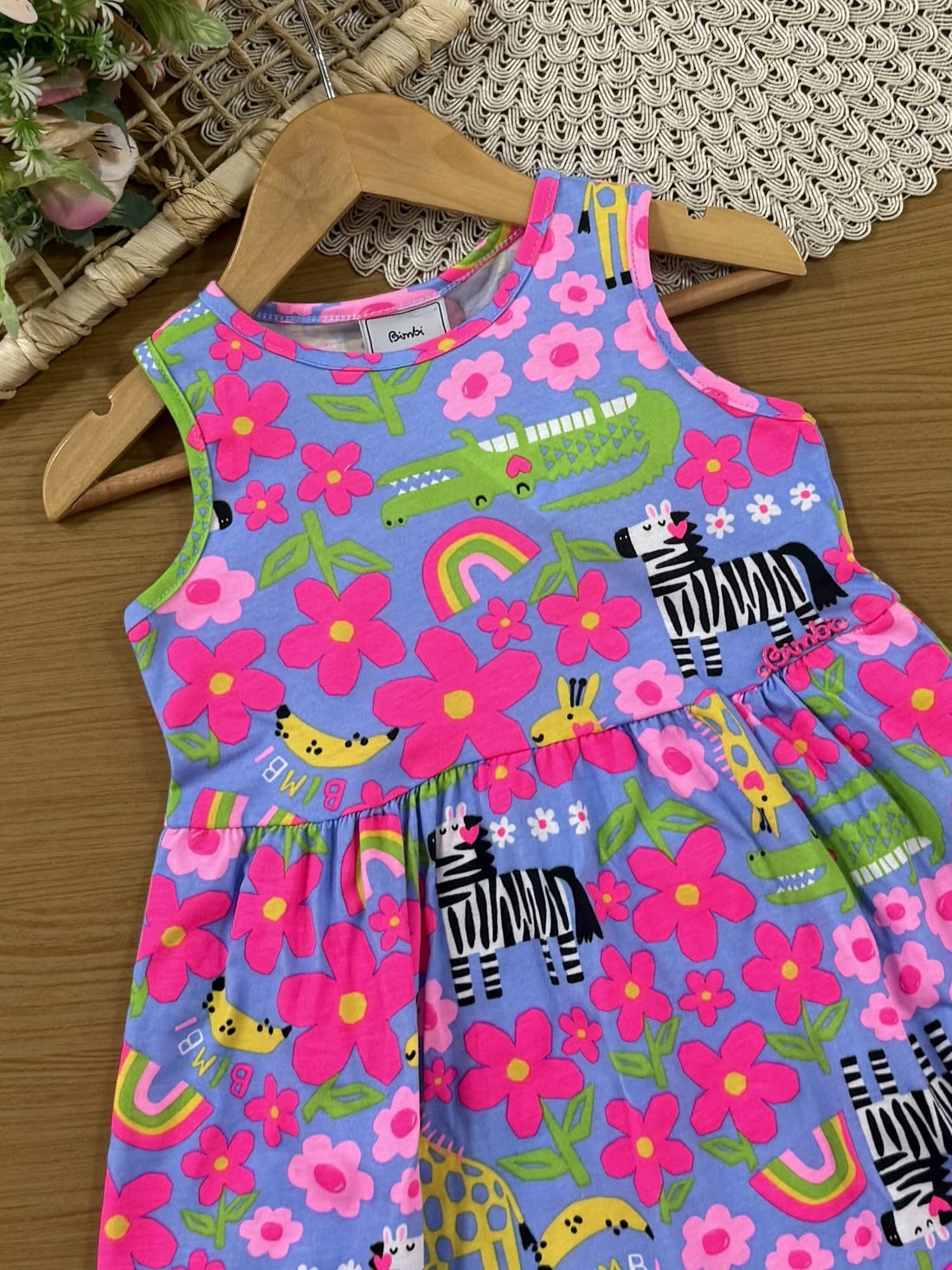 Vestido Infantil Bimbi Verão Azul Animais Floral