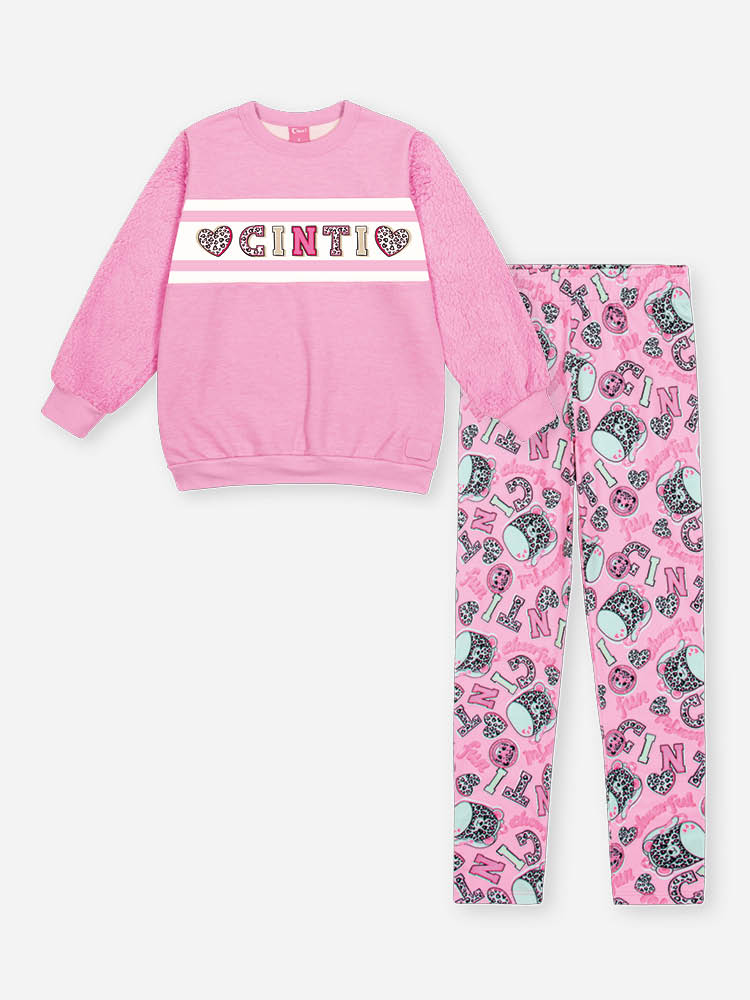 Conjunto Infantil Cinti Inverno com Calça Legging e Moletom Flanelado Rosa Coração Strass
