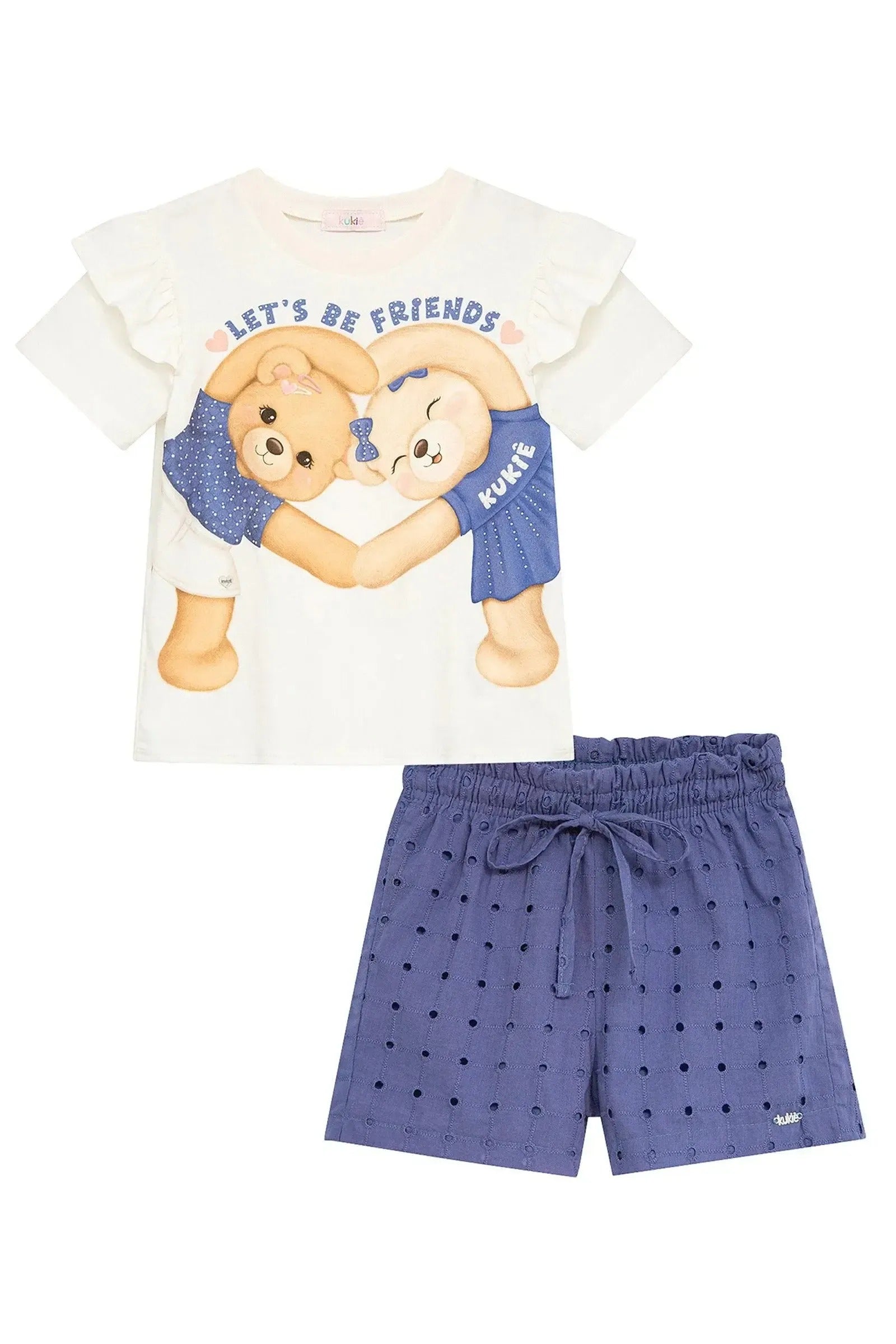 Conjunto Infantil Menina Kukiê com Shorts em Laise Azul e Blusa Branca Ursinhas