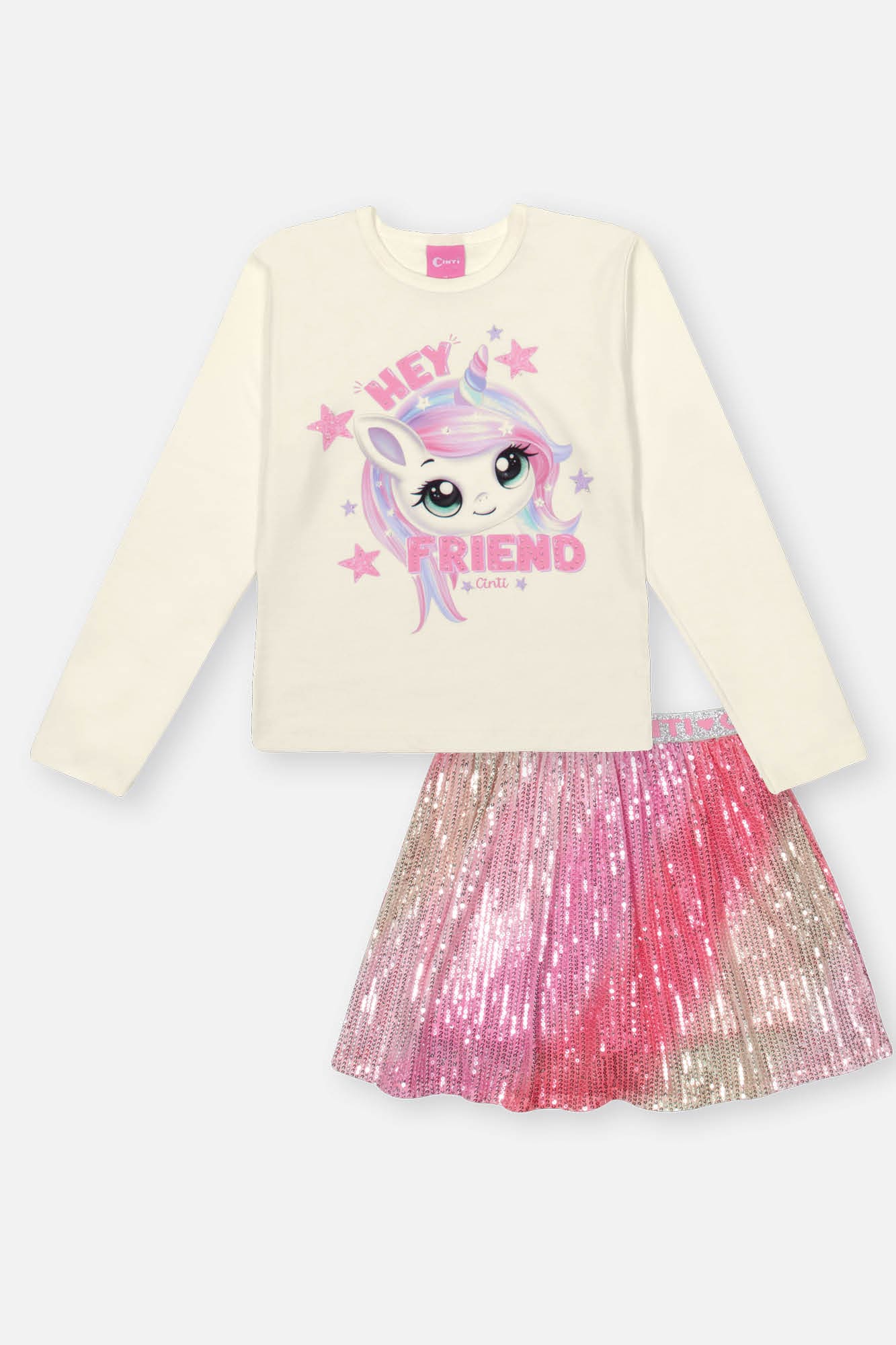 Conjunto Infantil Cinti Inverno com Short Saia Paetê e Blusa Branca Unicórnio