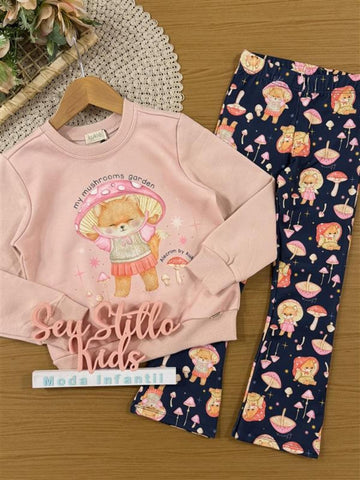 Conjunto Infantil Kukiê Inverno com Calça Térmica Azul Marinho e Moletom Flanelado Raposinha Cogumelo