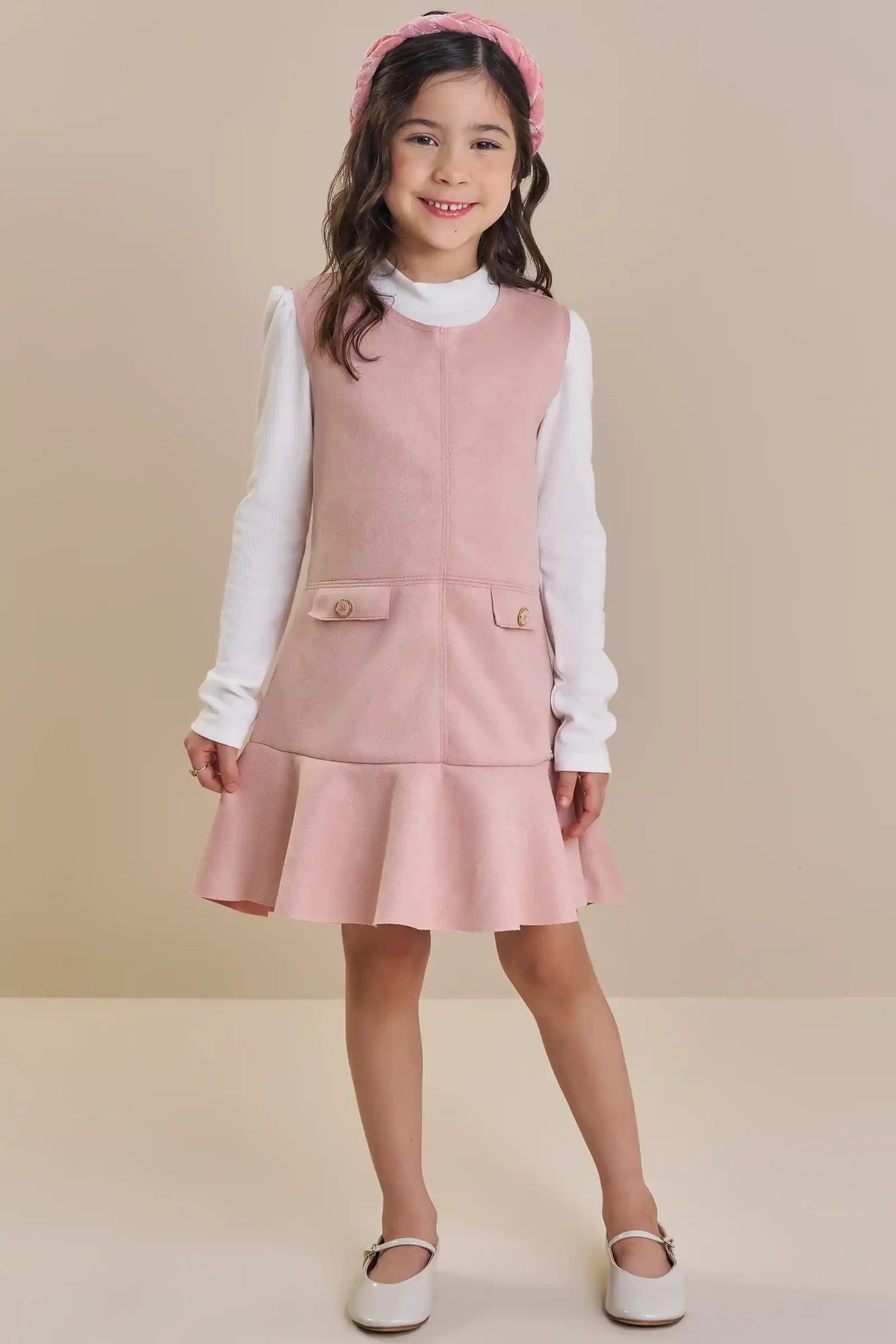 Vestido Infantil Kukiê Inverno Rosa com Blusa Manga Longa